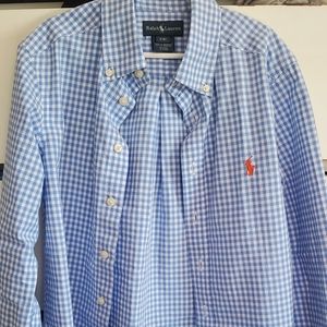 Blue Gingham button down with orange horse size kids 8